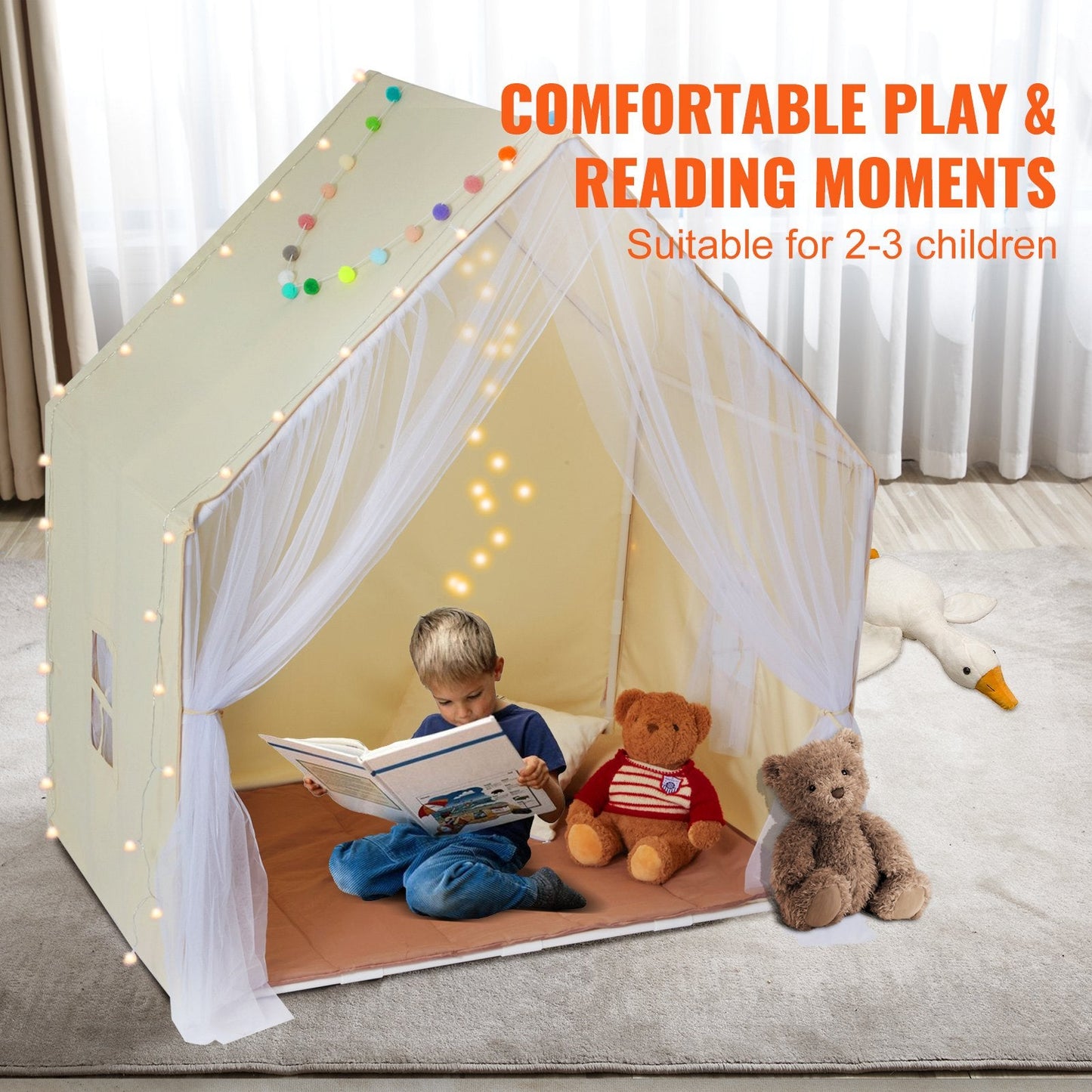 VEVOR Kids Play Tent - Cozy Indoor/Outdoor Yurt for Ages 1-5 with Mat and Lamp, Perfect for Boys and Girls, Beige