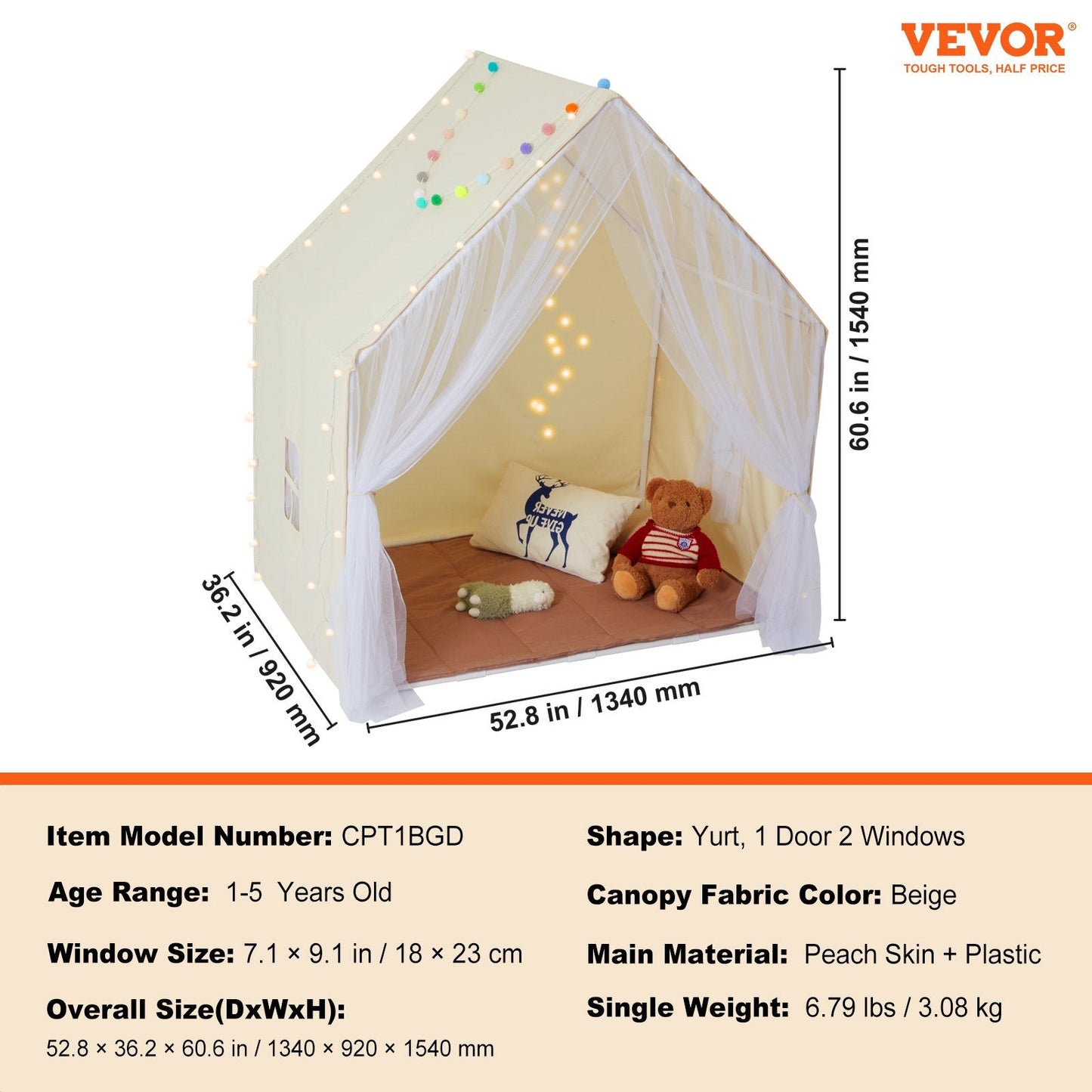 VEVOR Kids Play Tent - Cozy Indoor/Outdoor Yurt for Ages 1-5 with Mat and Lamp, Perfect for Boys and Girls, Beige