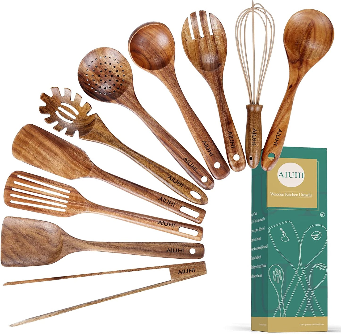 10-Pack Teak Wooden Utensils for Cooking, Wood Utensil Set for Kitchen, Non-Stick Spatula Ladle