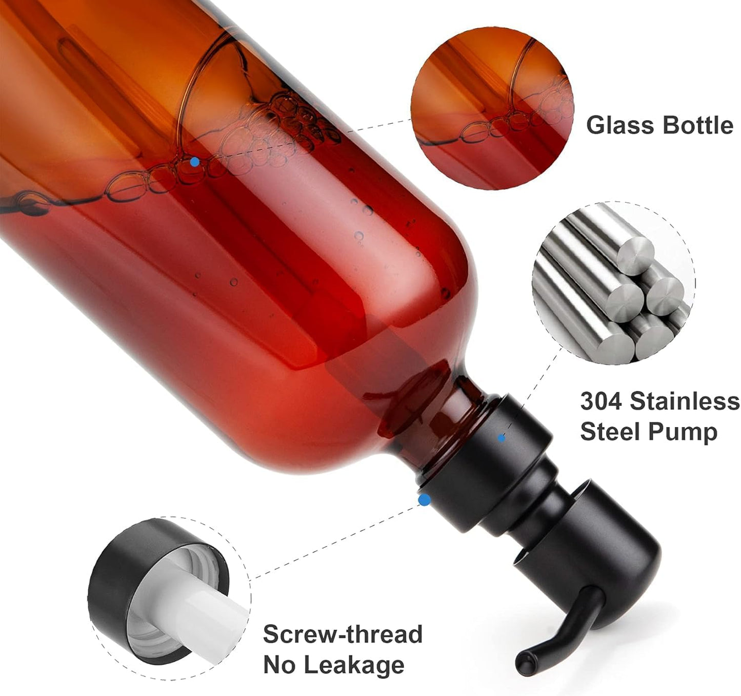 Amber Glass Soap Dispenser, 2 Pack Soap Dispenser Set with Stainless Steel Pump - 17 Oz