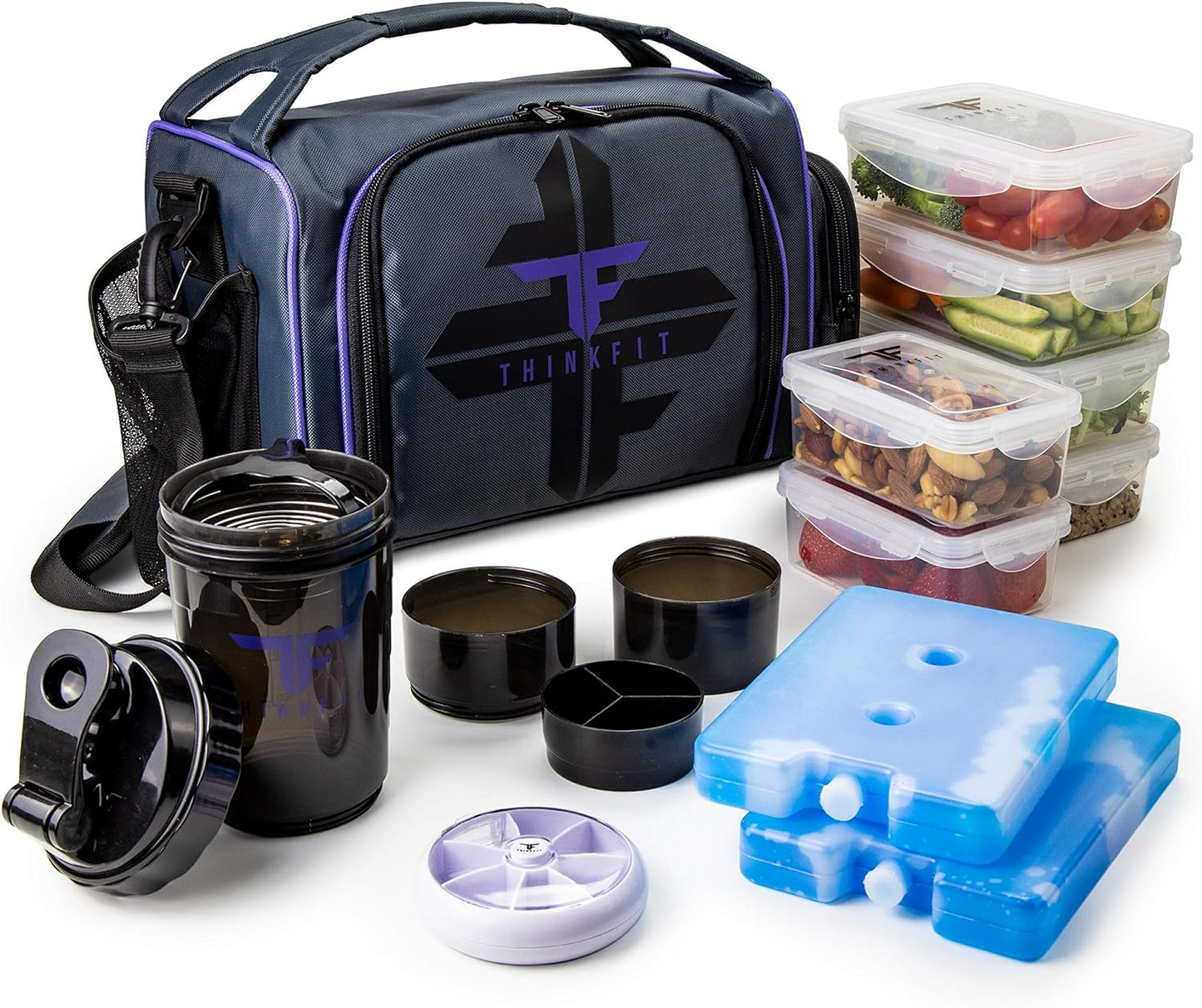 ThinkFit Insulated Meal Prep Lunch Box with 6 Food Portion Control Containers - BPA-Free, Reusable, Microwavable, Freezer Safe - with Shaker Cup, Pill Organizer, Shoulder Strap & Side Pocket (Purple)