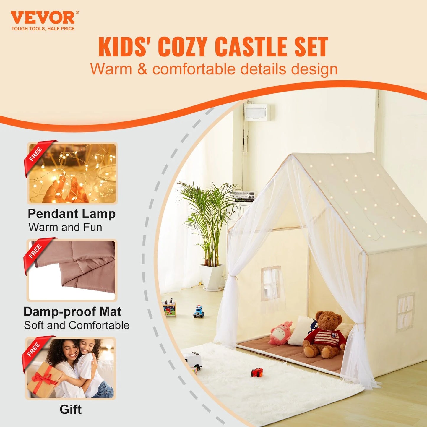 VEVOR Kids Play Tent - Cozy Indoor/Outdoor Yurt for Ages 1-5 with Mat and Lamp, Perfect for Boys and Girls, Beige