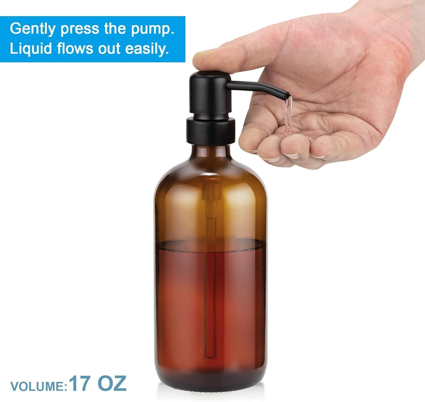 Amber Glass Soap Dispenser, 2 Pack Soap Dispenser Set with Stainless Steel Pump - 17 Oz