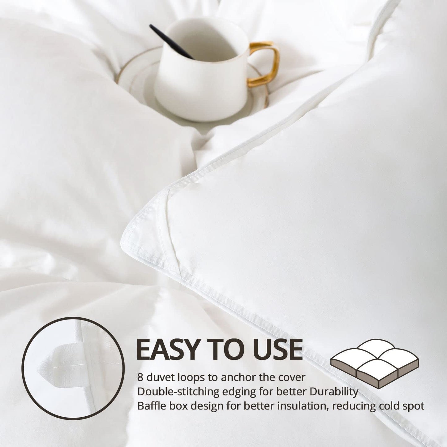 King Size down Comforter - All Season Duvet Insert with Medium Warmth, Soft and Noiseless Shell, 8 Corner Tabs, and Machine Washable - White