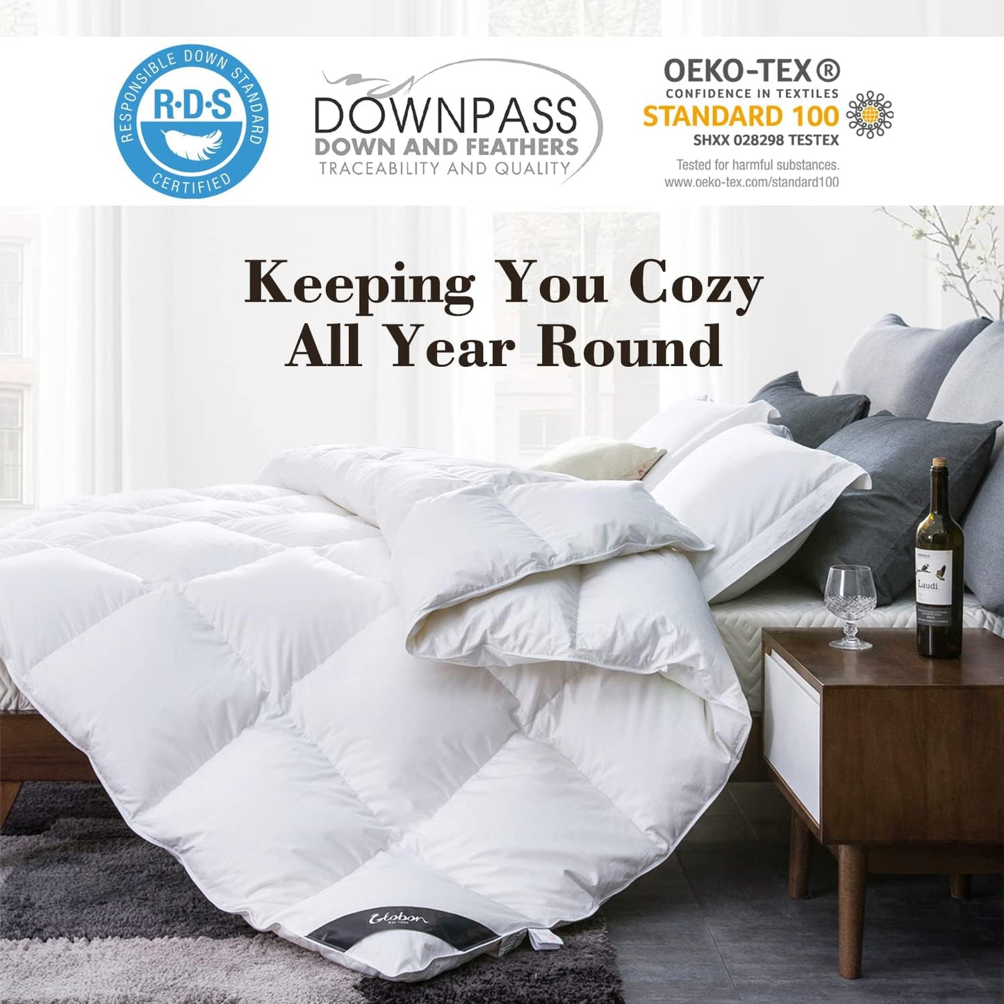King Size down Comforter - All Season Duvet Insert with Medium Warmth, Soft and Noiseless Shell, 8 Corner Tabs, and Machine Washable - White