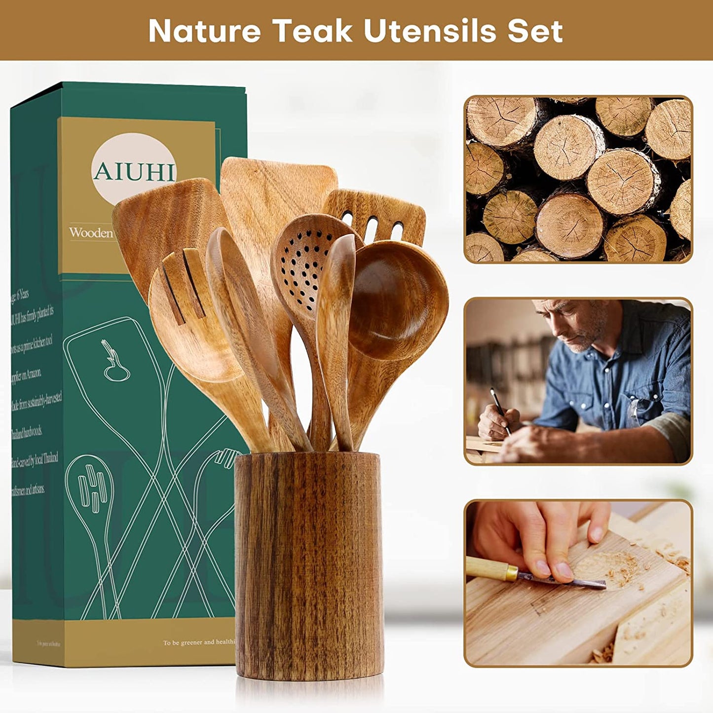 10-Pack Teak Wooden Utensils for Cooking, Wood Utensil Set for Kitchen, Non-Stick Spatula Ladle