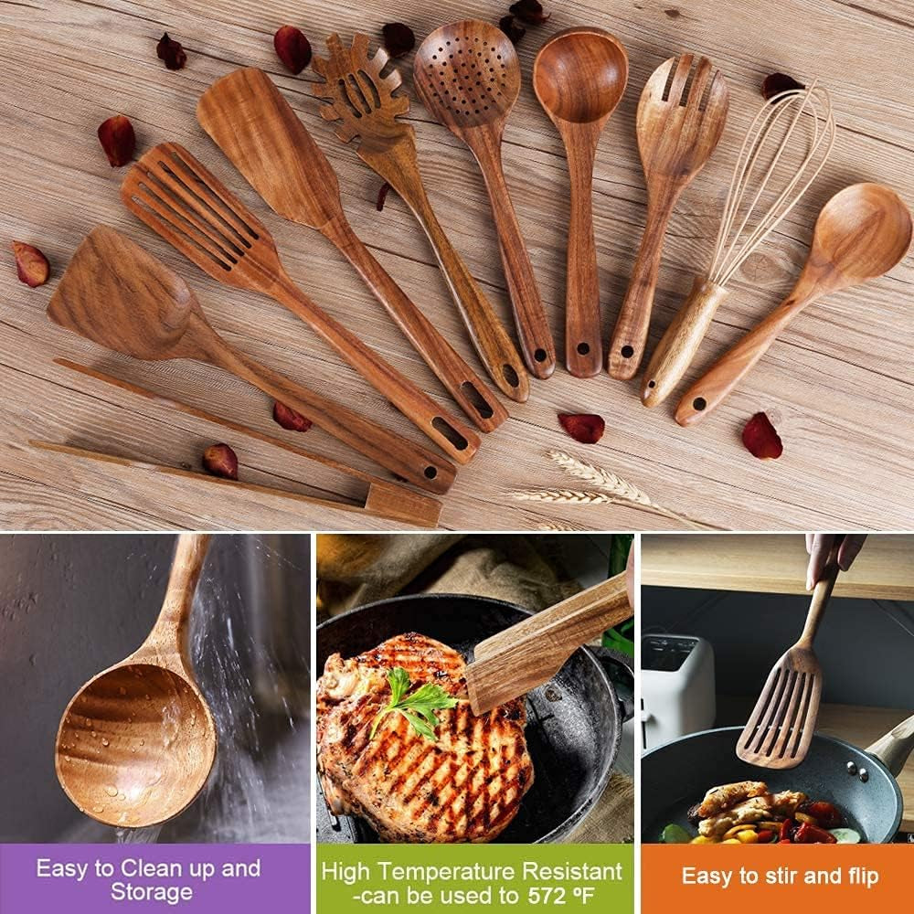 10-Pack Teak Wooden Utensils for Cooking, Wood Utensil Set for Kitchen, Non-Stick Spatula Ladle