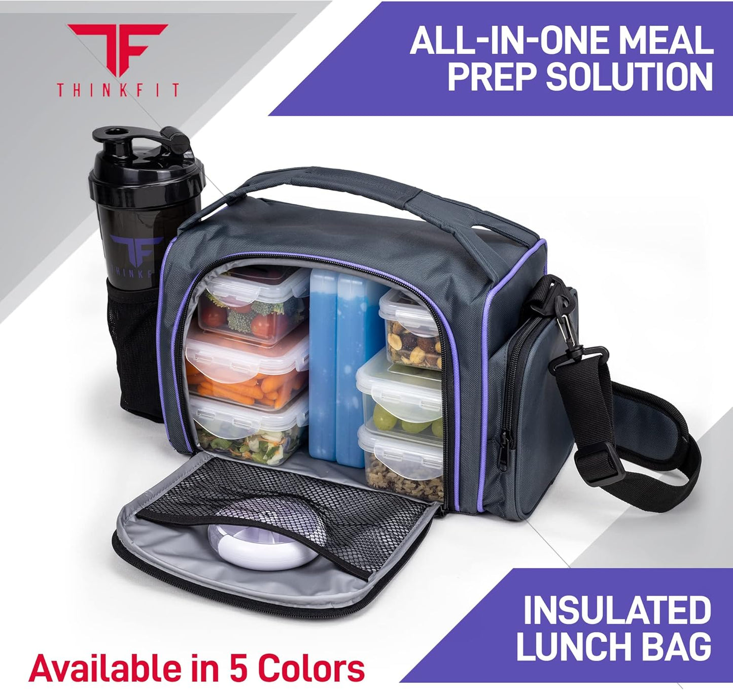 ThinkFit Insulated Meal Prep Lunch Box with 6 Food Portion Control Containers - BPA-Free, Reusable, Microwavable, Freezer Safe - with Shaker Cup, Pill Organizer, Shoulder Strap & Side Pocket (Purple)