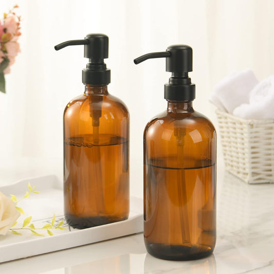 Amber Glass Soap Dispenser, 2 Pack Soap Dispenser Set with Stainless Steel Pump - 17 Oz