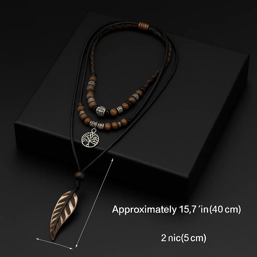 Handmade Feather Pendant Necklace – Boho Layered Leather Cord Necklace