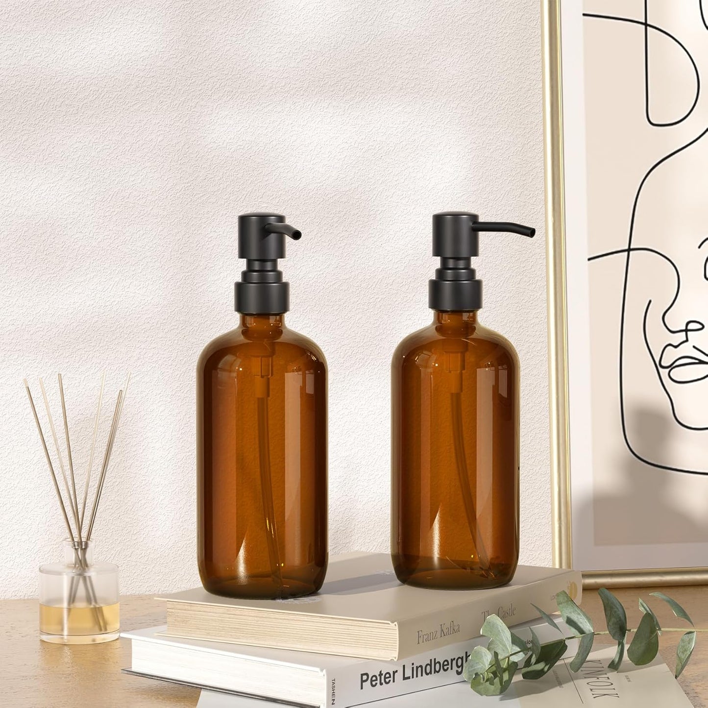 Amber Glass Soap Dispenser, 2 Pack Soap Dispenser Set with Stainless Steel Pump - 17 Oz