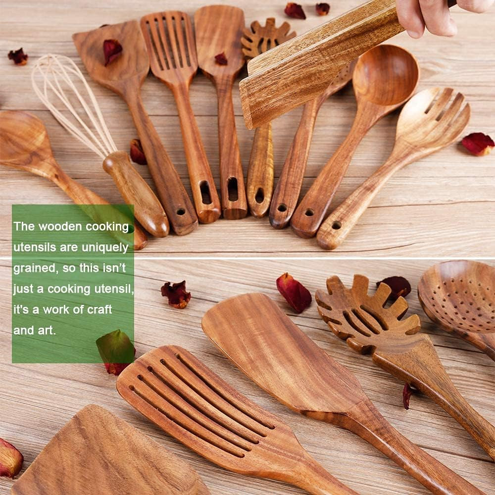 10-Pack Teak Wooden Utensils for Cooking, Wood Utensil Set for Kitchen, Non-Stick Spatula Ladle