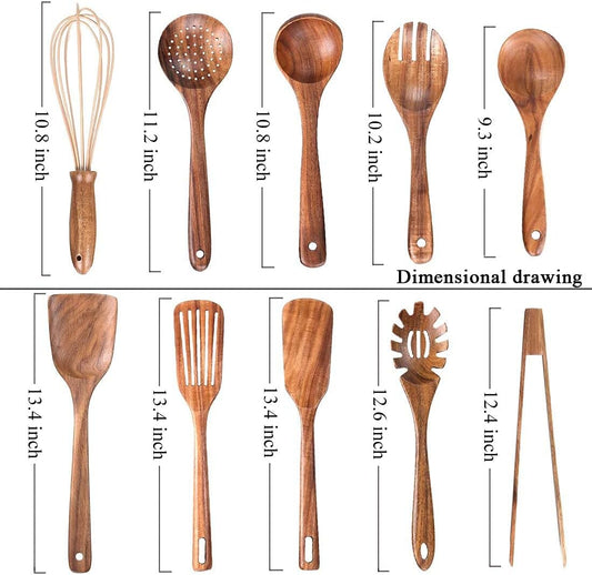 10-Pack Teak Wooden Utensils for Cooking, Wood Utensil Set for Kitchen, Non-Stick Spatula Ladle