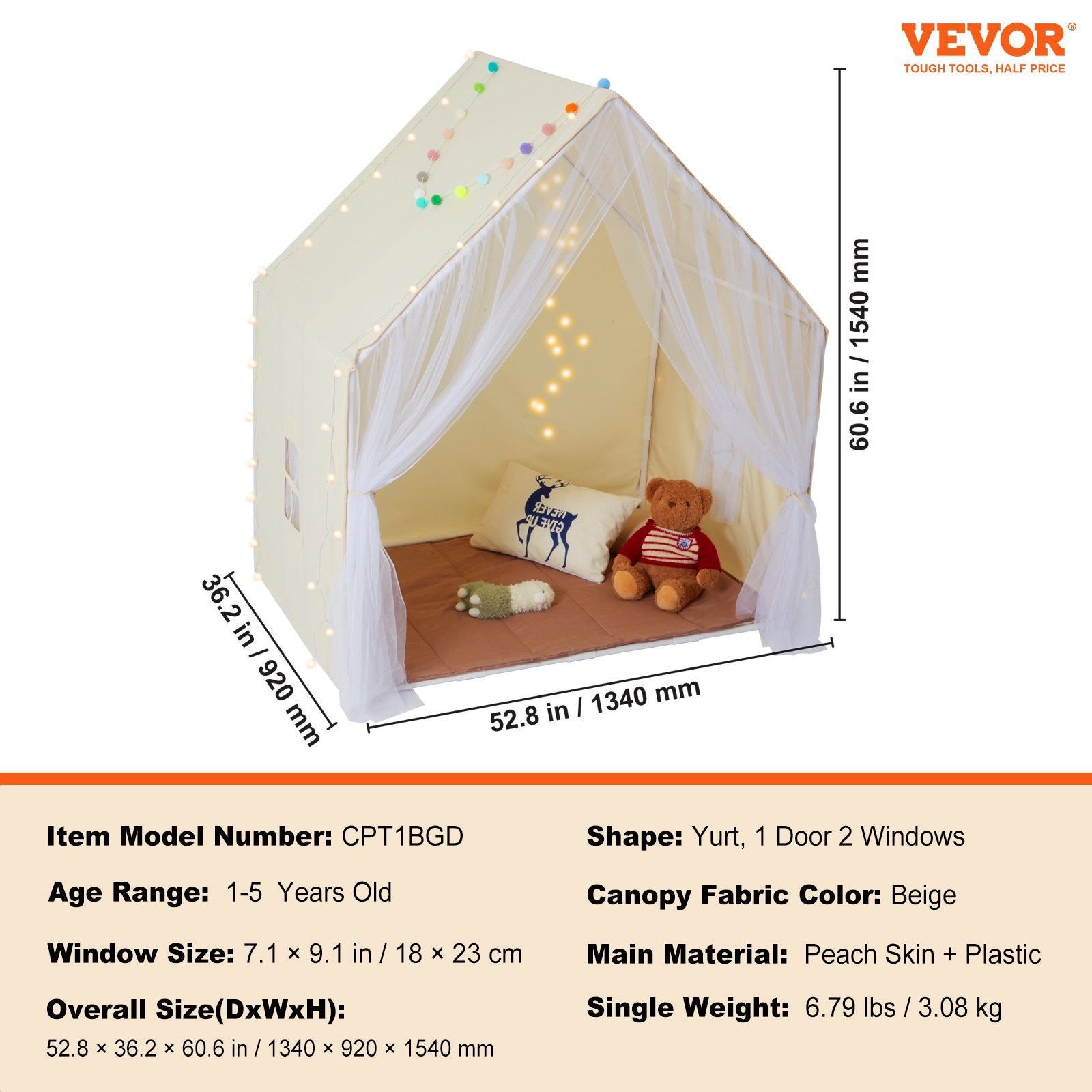 VEVOR Kids Play Tent - Cozy Indoor/Outdoor Yurt for Ages 1-5 with Mat and Lamp, Perfect for Boys and Girls, Beige