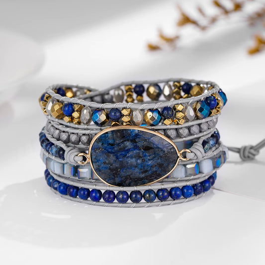 Faceted Natural Blue Labradorite Gemstone 5 Wrap Bracelet - Handmade Adjustable Boho Design with Strand Leather & Layered Beads