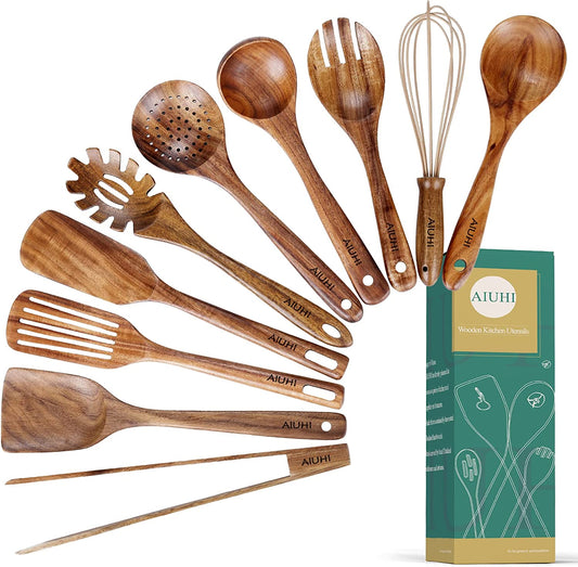 10-Pack Teak Wooden Utensils for Cooking, Wood Utensil Set for Kitchen, Non-Stick Spatula Ladle