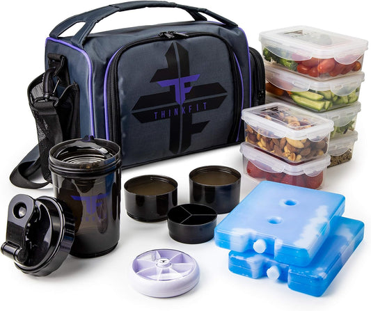 ThinkFit Insulated Meal Prep Lunch Box with 6 Food Portion Control Containers - BPA-Free, Reusable, Microwavable, Freezer Safe - with Shaker Cup, Pill Organizer, Shoulder Strap & Side Pocket (Purple)