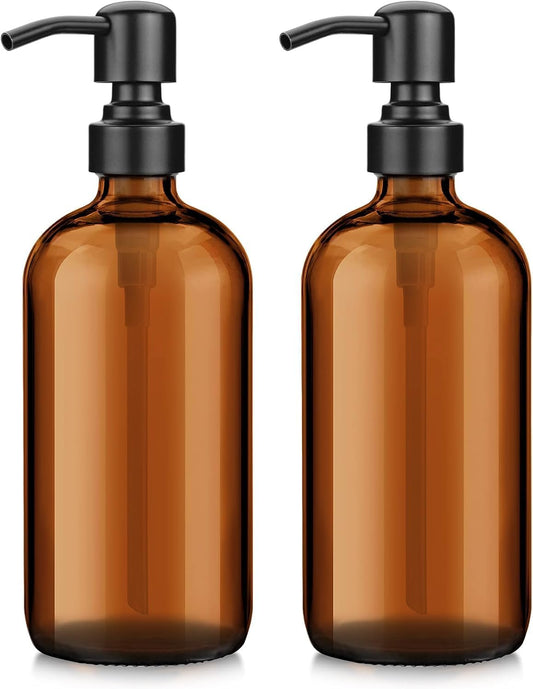 Amber Glass Soap Dispenser, 2 Pack Soap Dispenser Set with Stainless Steel Pump - 17 Oz