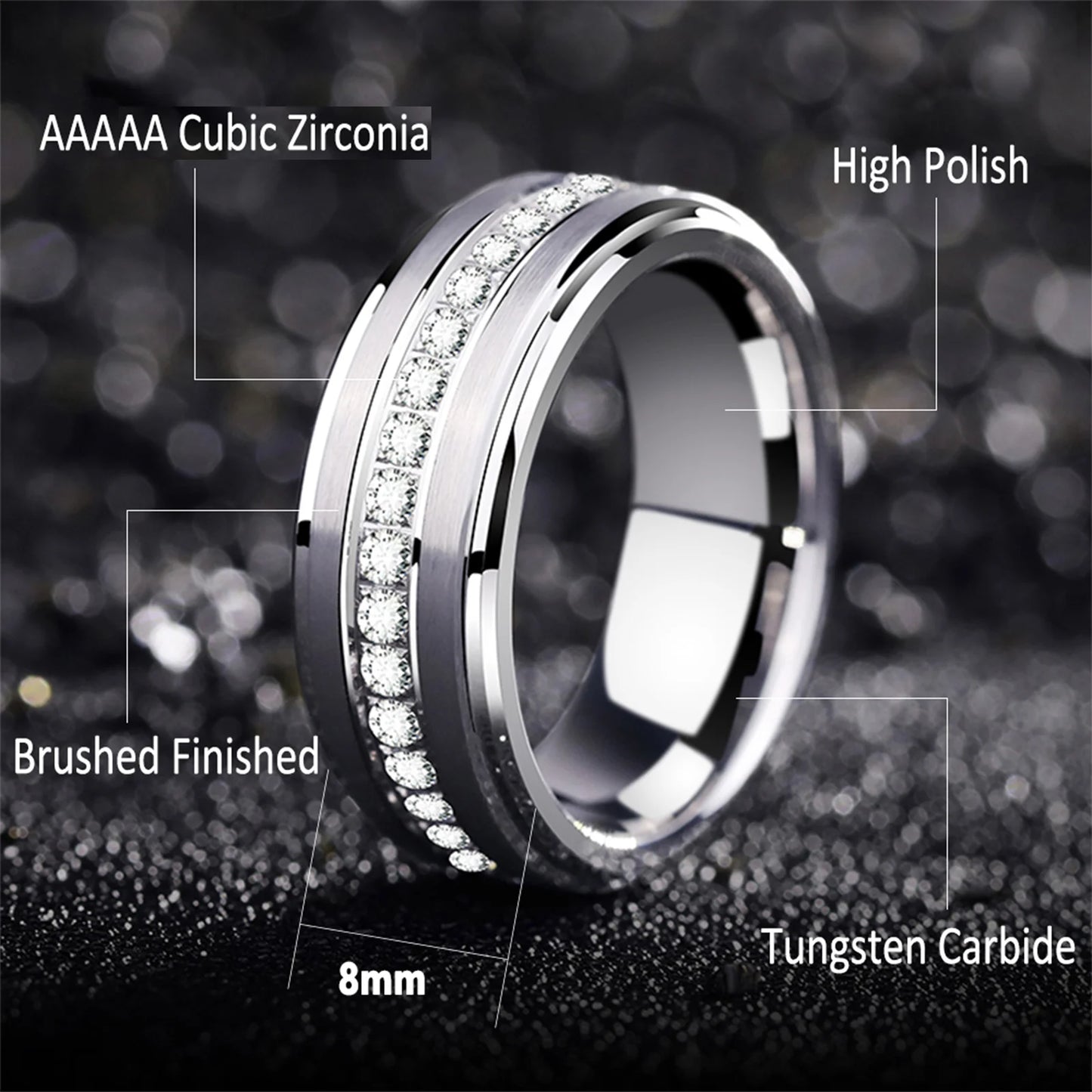 Tungsten Carbide Cubic Zirconia Men's Ring – 8mm Eternity Band