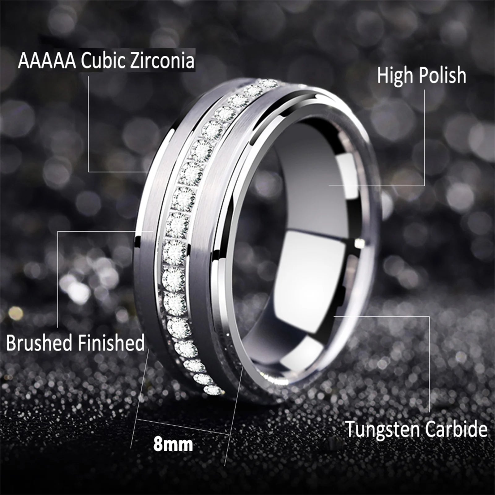 Tungsten Carbide Cubic Zirconia Men's Ring – 8mm Eternity Band