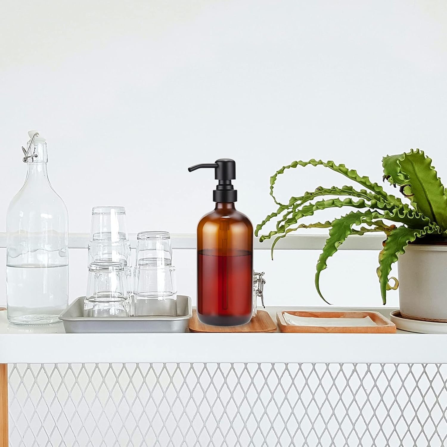 Amber Glass Soap Dispenser, 2 Pack Soap Dispenser Set with Stainless Steel Pump - 17 Oz