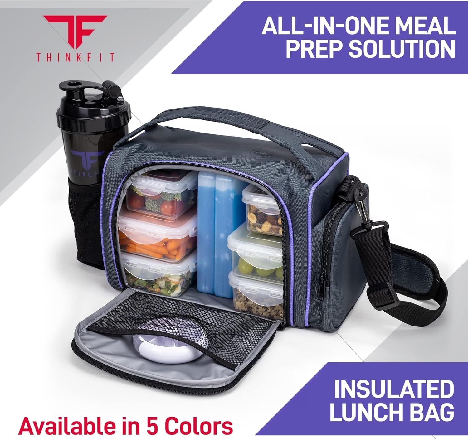 ThinkFit Insulated Meal Prep Lunch Box with 6 Food Portion Control Containers - BPA-Free, Reusable, Microwavable, Freezer Safe - with Shaker Cup, Pill Organizer, Shoulder Strap & Side Pocket (Purple)