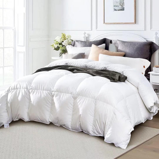 King Size down Comforter - All Season Duvet Insert with Medium Warmth, Soft and Noiseless Shell, 8 Corner Tabs, and Machine Washable - White