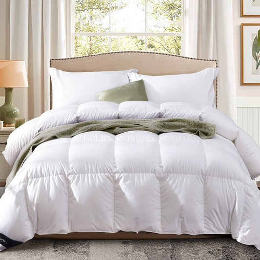 King Size down Comforter - All Season Duvet Insert with Medium Warmth, Soft and Noiseless Shell, 8 Corner Tabs, and Machine Washable - White